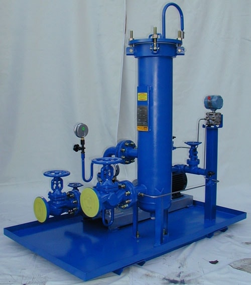 Blue vertical filter housing with pump and valves mounted on skid